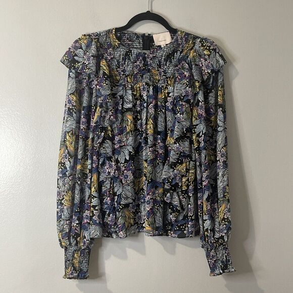 Cinq à Sept Floral Blouse in Blue and Yellow Medium - Picture 1 of 7